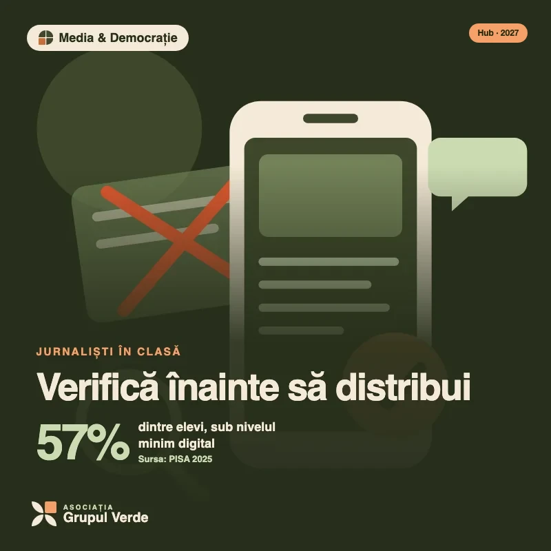 Ilustrație: Verifică înainte să distribui — Media & Democrație, Hubul de Inovație Verde